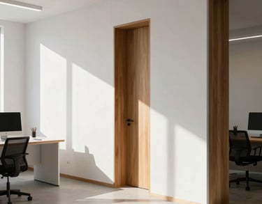 Minimalist architectural detail of a bright Spanish-speaking workspace, clean white walls, warm wood accents, and long shadows cast by the afternoon sun.
