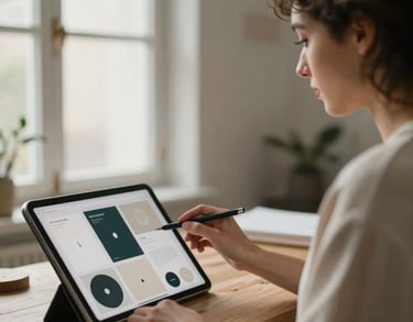 Portrait of a creative professional in a bright Spanish-speaking studio, soft neutral tones, natural window light, focused on a tablet showing a minimalist branding moodboard.