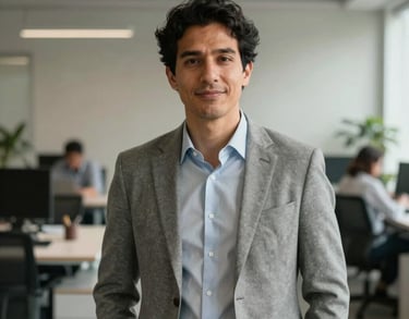 Portrait of a Spanish-speaking operations manager in a luminous open-plan office, soft neutral palette of greige and stone, natural lighting.