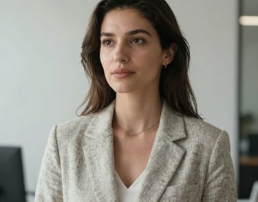 Portrait of a Spanish-speaking professional woman with a serene expression, wearing a light greige linen blazer, soft natural light, minimalist office background.