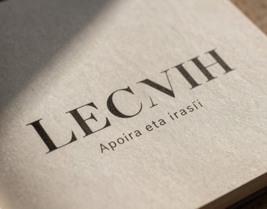 Macro photography of an elegant Spanish-speaking editorial magazine, focus on minimalist typography on heavy paper stock, warm stone tones, soft shadows.