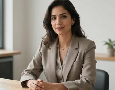 Portrait of a Spanish-speaking strategic consultant sitting at a light wood table, neutral attire in taupe colors, soft natural lighting, peaceful atmosphere.