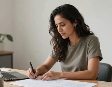 Portrait of a Spanish-speaking designer at a minimalist desk, neutral tones, focused on a project with a serene and professional demeanor.