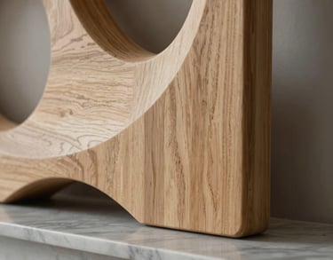 A detail of an organic interior element, like a light wood sculpture on a marble ledge, soft shadows, warm grey tones, Spanish-speaking luxury aesthetic.