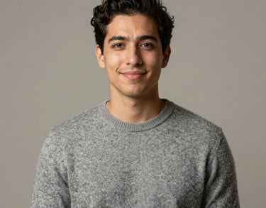 Portrait of a Spanish-speaking content creator in a neutral studio, wearing a soft warm grey sweater, smiling subtly, soft diffused light.