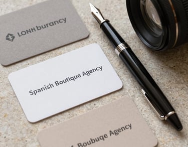 Flat lay of professional branding tools on a stone surface, including a refined fountain pen and neutral-colored cards, Spanish-speaking boutique agency style.