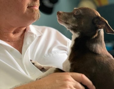 a man in a white shirt is holding a dog