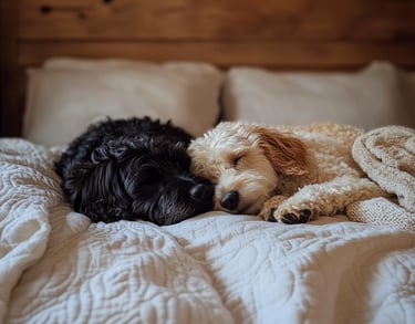 two dogs sleeping on a bed with a blanket during day care