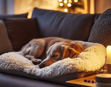 a dog laying on a couch with a candle lite up