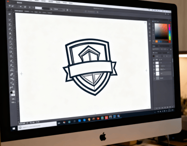 a computer monitor screen showing a computer screen with a logo on it