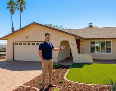 A smiling male (owner) standing in front of Wholesome Haven, a suburban ranch-style home