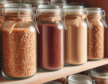 cleaned grains in glass jars in a cupboard