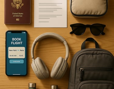 Flat lay of travel essentials including a passport, travel insurance documents, smartphone with booking app, packing cubes, b