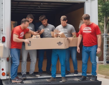 a group of men standing in a moving truck