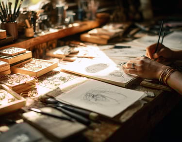 Handwerkliche Schmuckherstellung – Einblicke in die Werkstatt von HeideSchmuck mit Skizzen und Werkzeugen.