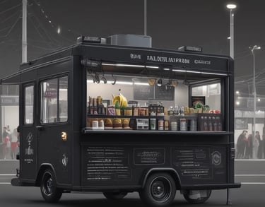 A brightly lit food truck with a yellow glow sits on a dark street at night. A person is sitting on the ground nearby, possibly enjoying their purchase. The truck is equipped with a menu board and string lights, creating a warm and inviting ambiance against the dark background. Buildings with illuminated windows can be seen in the distance.