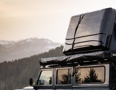 Black Land Rover Defender 110 with a hardshell roof top tent parked in front of snowy mountains.