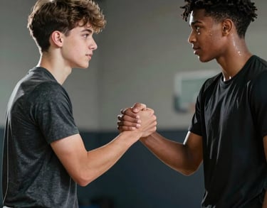 Two teenage boys of different backgrounds shaking hands after a training session. Authentic emotion, professional sports photography.