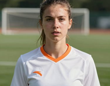 Portrait of a young female athletic trainer, European origin, with a focused and inspiring expression. She is wearing a white and orange athletic shirt. Blurred soccer pitch in the background.