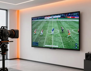 Photography of a tactical room with a large screen showing football plays. Professional and modern atmosphere. Clean lines, white and orange lighting.