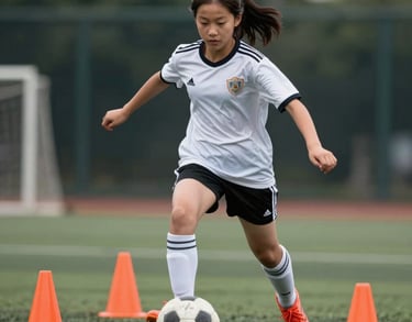Dynamic photography of a 13-year-old girl of Asian descent dribbling a soccer ball between orange cones. Motion blur on the feet, crisp focus on her face.