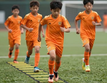 Young soccer players running through an agility ladder on a green field. Vibrant orange and gold sports gear, bright daylight.