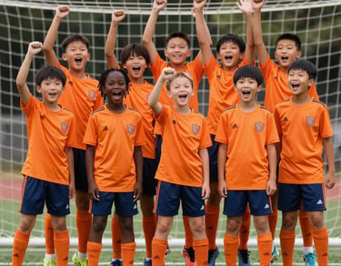 Full-body shot of a diverse group of 12-year-olds in matching orange jerseys, celebrating a goal. Joyful, vibrant, professional photography style.