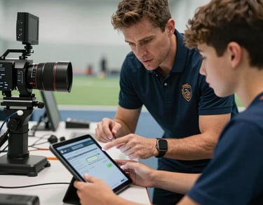 A coach explaining tactics on a digital tablet to a young player. High-tech equipment, modern sports lab setting.