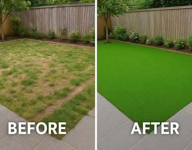 a backyard patio with a green lawn and a fenced in area