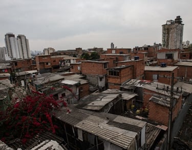 a city view of a city with a train passing by