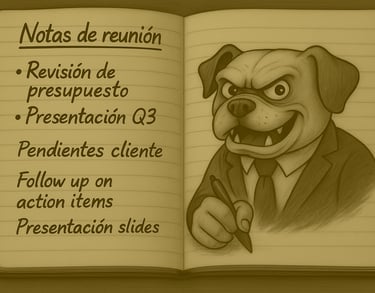 Ilustración de un cuaderno abierto. La página izquierda muestra 'Notas de reunión' con tareas corpor