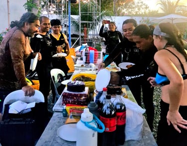 scuba divers preparing the food for lunch