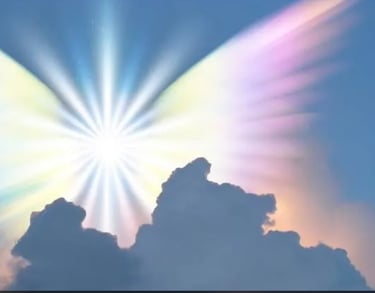 A bright spiritual light with rainbow angel wings glowing behind dark clouds in a blue sky 