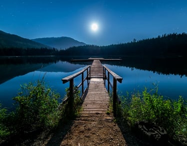 "Beautiful lake and pier in Alabama with a full moon. Relaxation.
