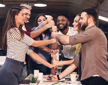 Group of working colleagues doing a collective skill game in an internal team event