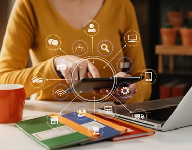 Women holding a laptop and navigating through digital advertising