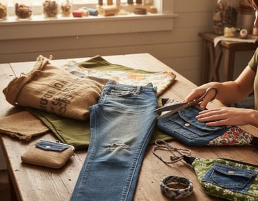 un jean, du tissu, des sacs banane sur une table, la couturiere va découper le tissu