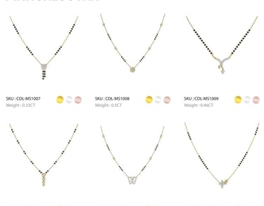 Collection of elegant gold mangalsutra necklace designs featuring diamond pendants and black beads.