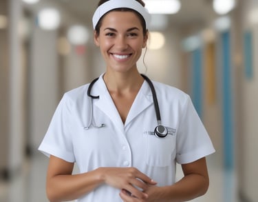 enfermera sonriendo en un corredor de un hospital