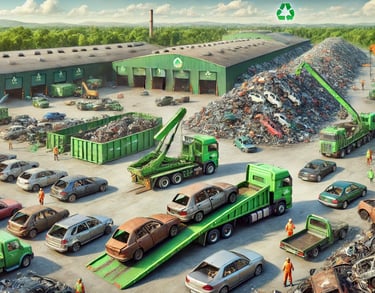 A scrap car recycling yard, featuring green tow trucks, eco-friendly machinery,.