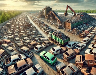 A large yard filled with scrap cars, capturing the industrial scrapyard setting. 