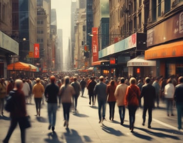 a man riding a skateboard down a street next to tall buildings