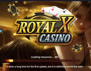 “Screenshot of Royal X Casino download page showing promotional banner and casino interface elements