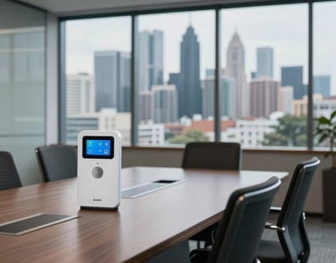 A conference room with integrated smart technology and ergonomic furniture, showing a view of the South Asian city skyline through glass walls.