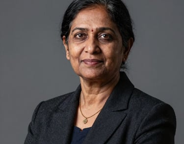 Professional studio portrait of a senior South Asian female executive with a friendly yet firm look, dark formal blazer, grey background.