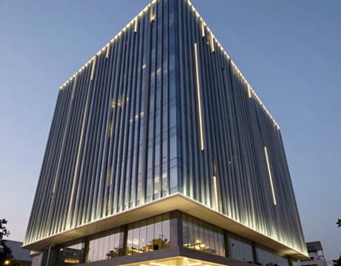 Exterior shot of a contemporary corporate building in Bangalore at dusk, featuring innovative architectural lighting and clean glass lines.