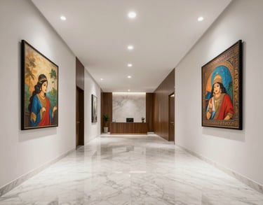 Photography of a sleek, minimalist corporate office lobby in Mumbai with high ceilings, marble floors, and modern South Asian art on the walls.