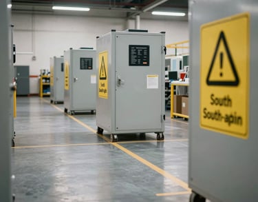 A focused shot of a clean, organized logistics hub floor with modern equipment and safety signage in a professional South Asian setting.