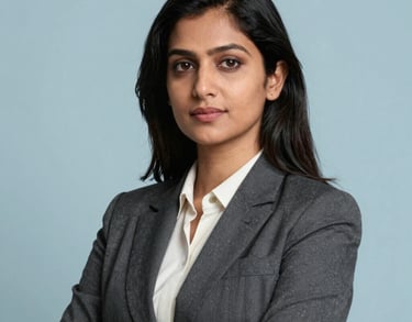 Professional studio portrait of a South Asian female executive in elegant business attire, looking poised and authoritative, light blue background.