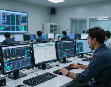 A high-tech control room with multiple monitors displaying data streams, located in a professional South Asian facility, soft blue lighting.